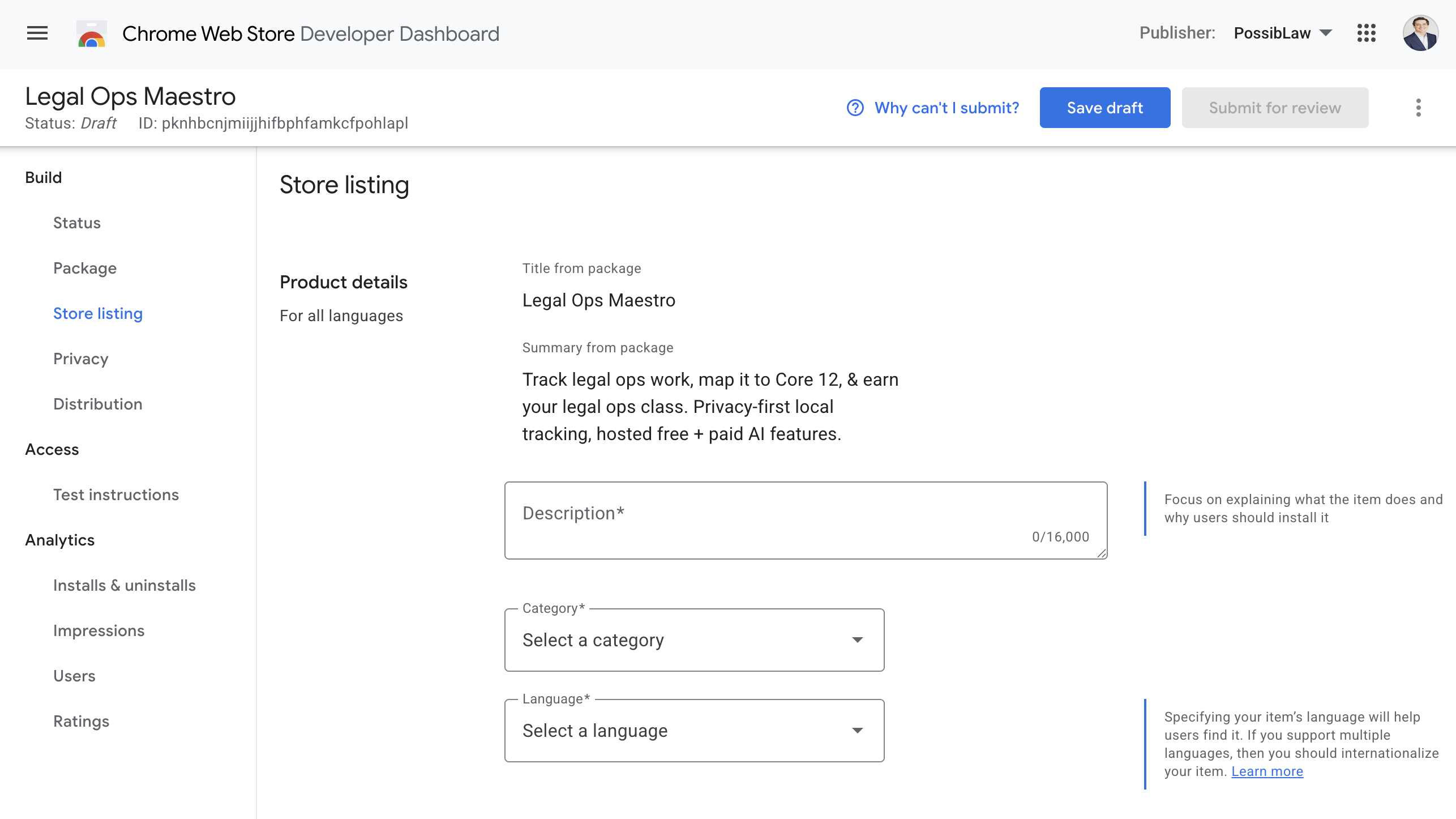Chrome Web Store Developer Dashboard, Store listing tab