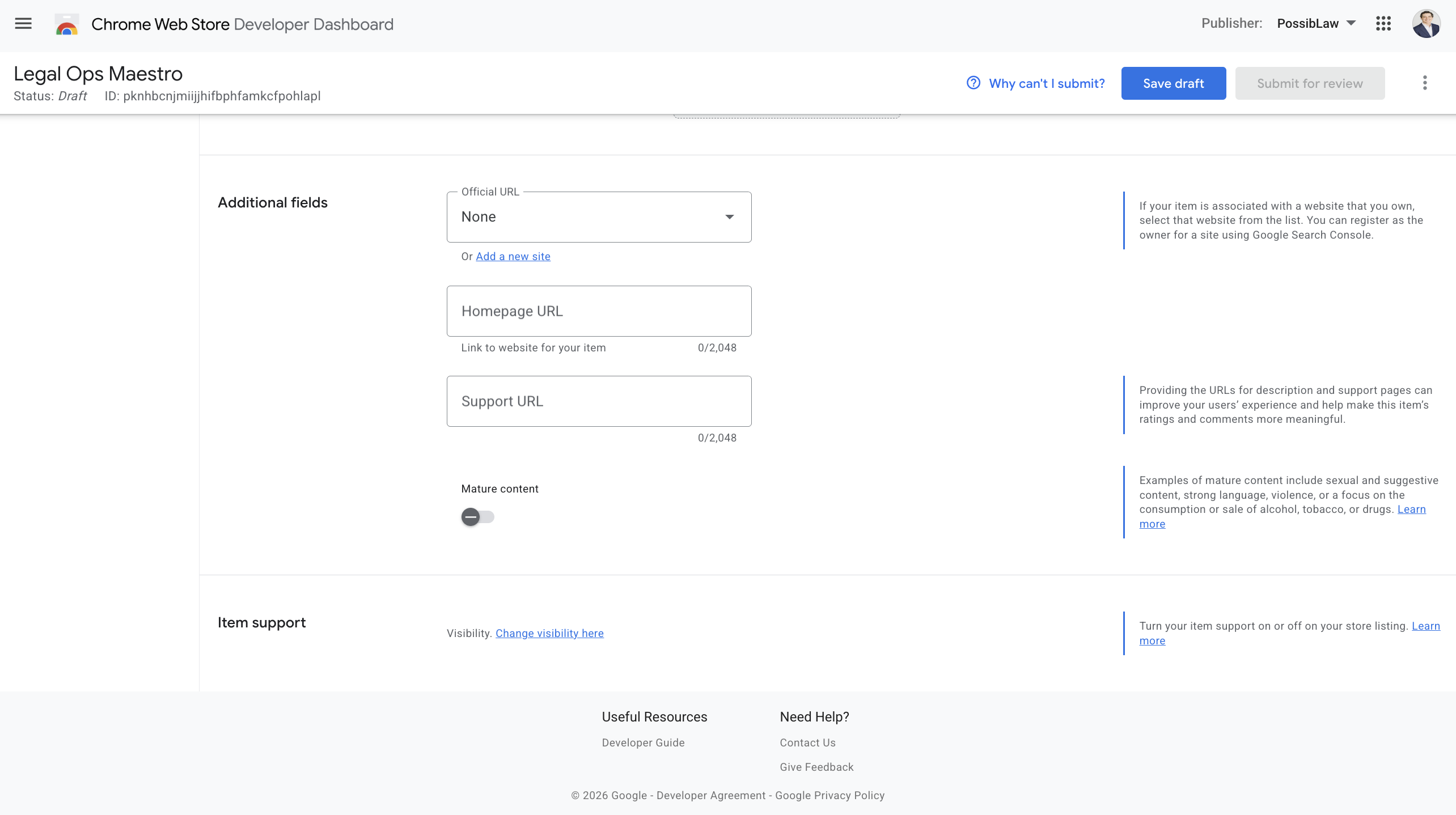 Additional fields: homepage URL, support URL, mature content toggle