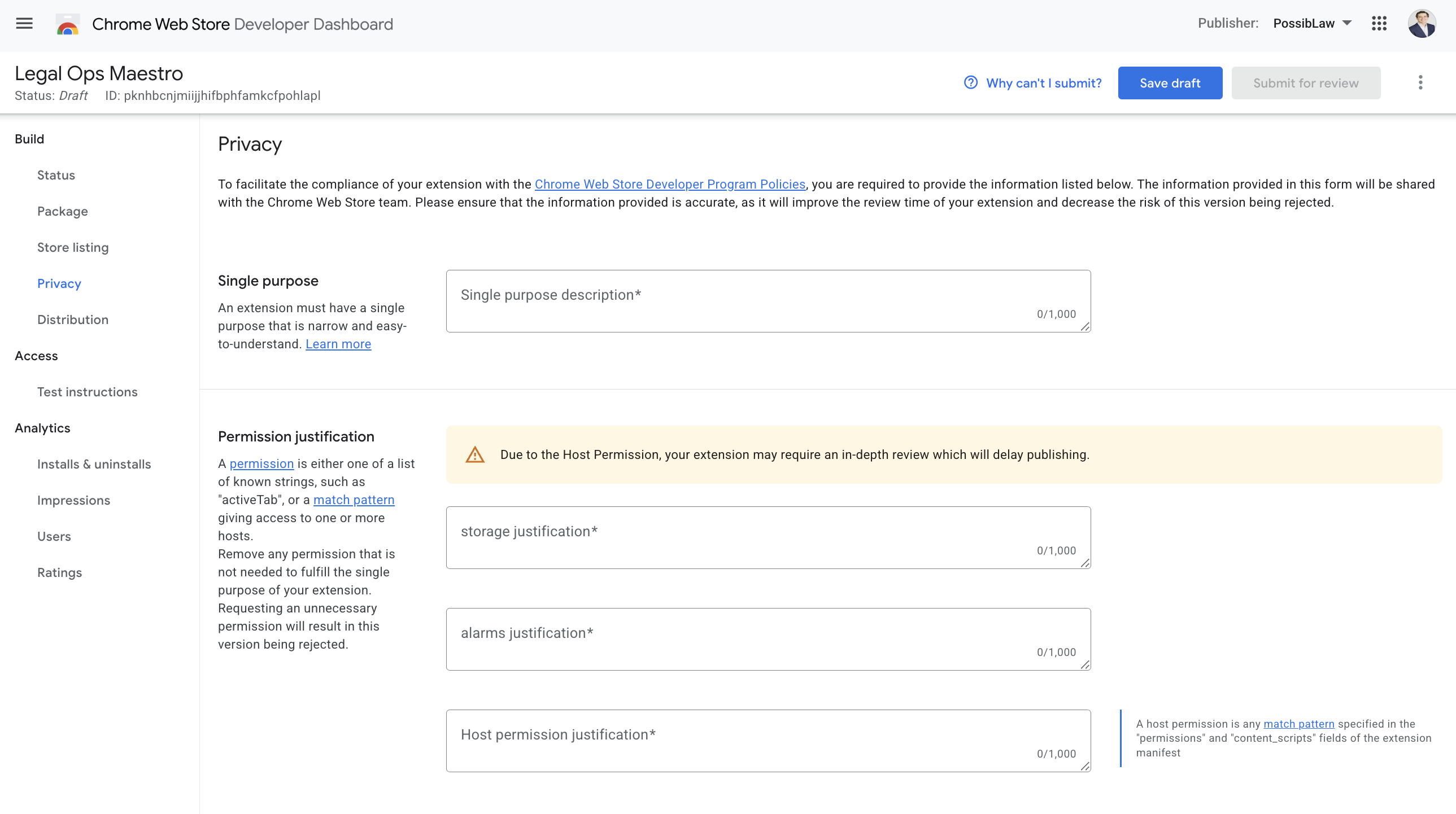 Privacy tab: single purpose and permission justifications