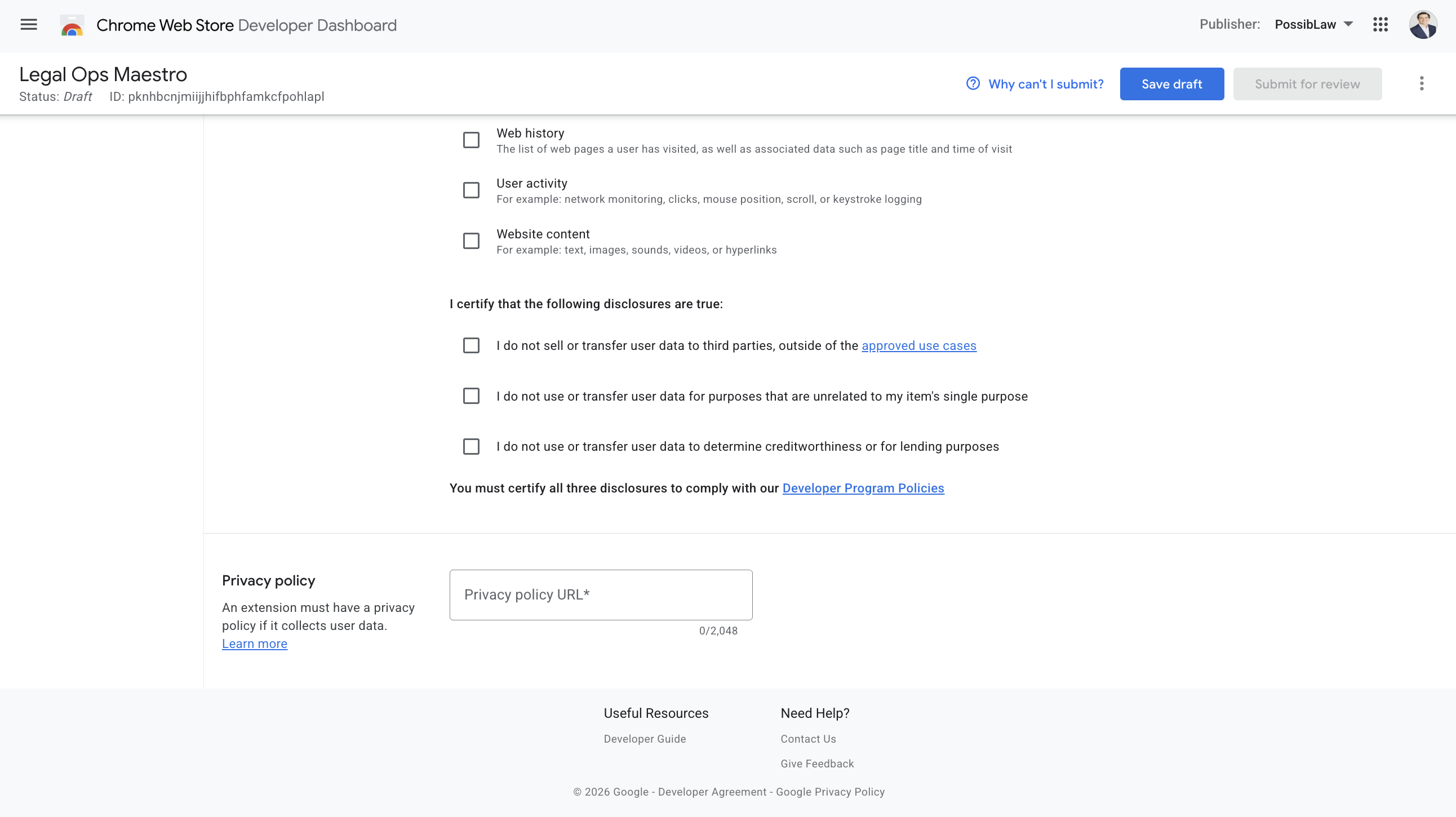 Three certifications and privacy policy URL