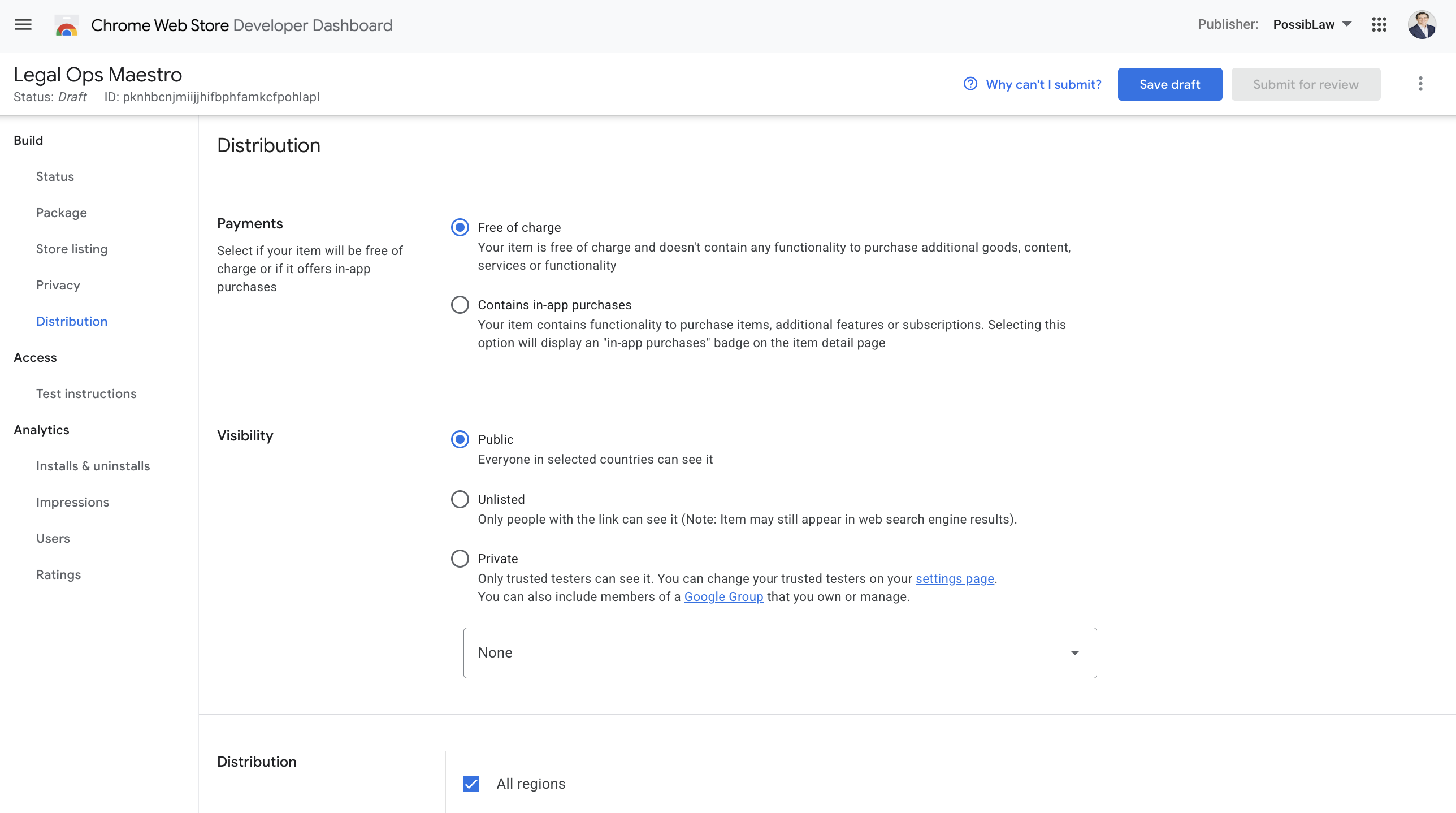 Distribution tab: payments, visibility, regions